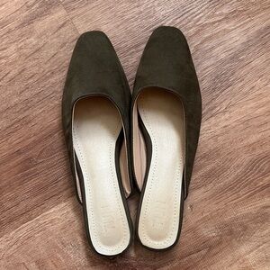 Olive Suede Square-Toe Slip-On Mules